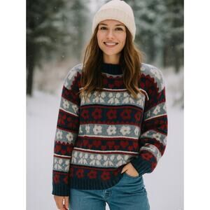 Vintage Huntington Ridge Heart Floral Fair Isle Sweater L Red Blue Cozy Knit